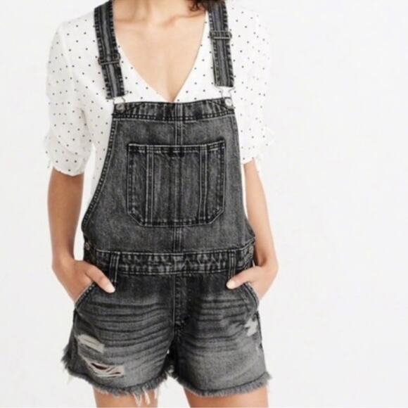 Abercrombie & Fitch Distressed Oversized Denim Short Overalls Washed Black Small - Picture 1 of 14